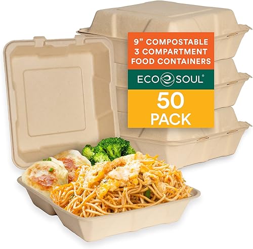 ECO SOUL Recipientes de comida 100% compostables para llevar con 3 compartimentos 9 x 9 por paquete de 50 unidades resistentes, ecológicos,