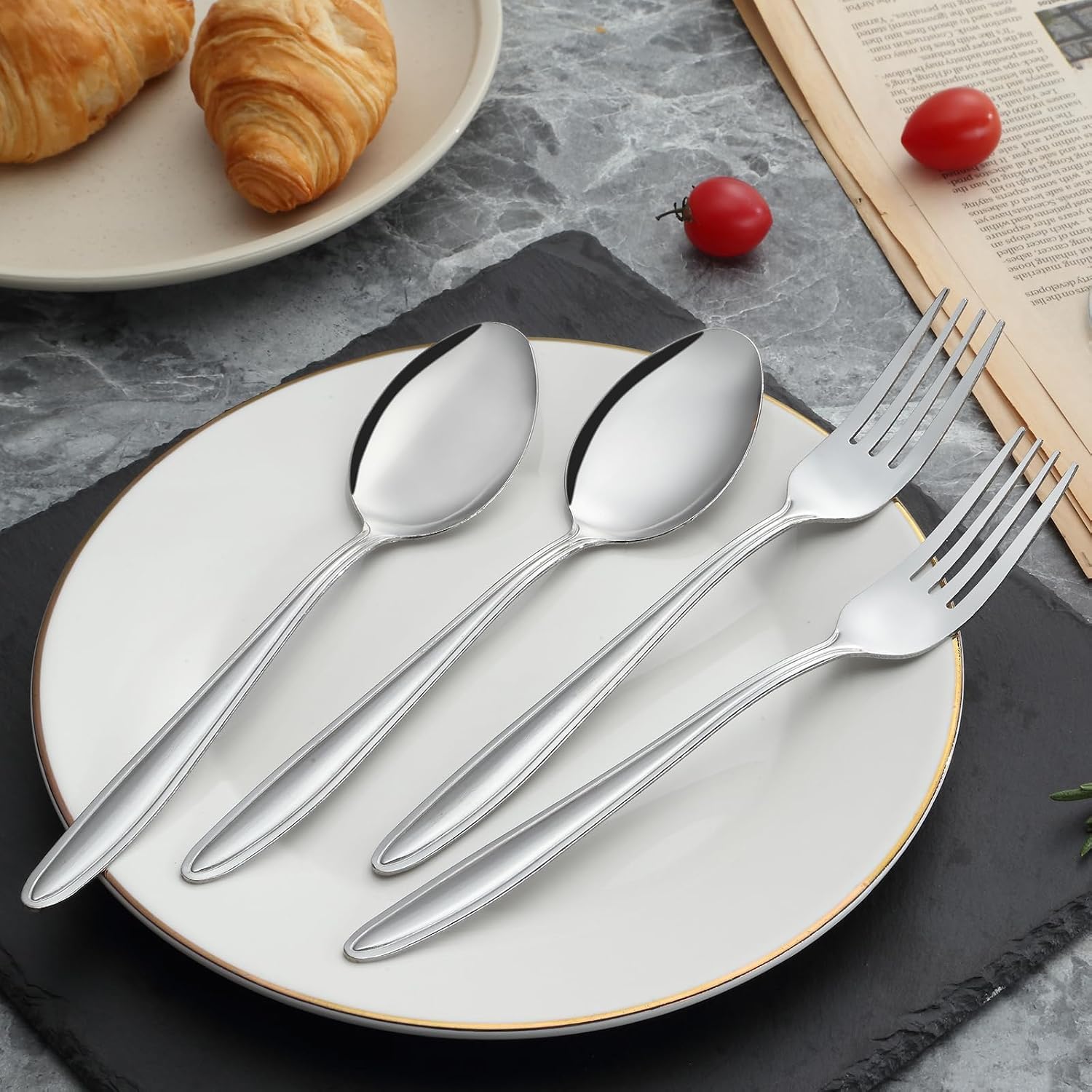 Unokit 24-Piece Forks and Spoons Set - Forks and Spoons Food Grade Stainless Steel Silverware for Home, Kitchen and Restaurant, 12-Fork and 12-Spoon, Mirror Polished&Dishwasher Safe