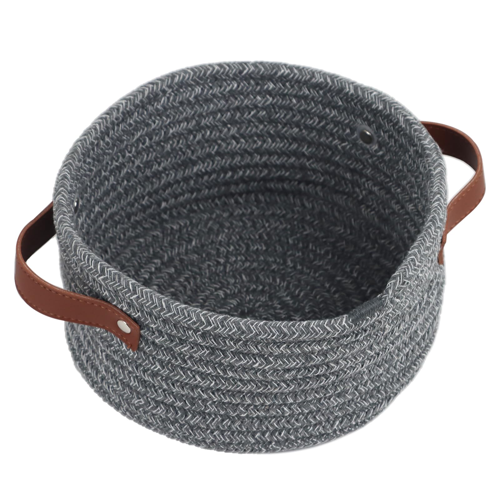 Small Woven Basket, Cute Mini Cotton Rope Storage Basket with leather handle, Tiny Decorative Round Storage Bin, Boho Empty Gift Baskets for Organizing, Toy Organizer for Nursery (Grey)