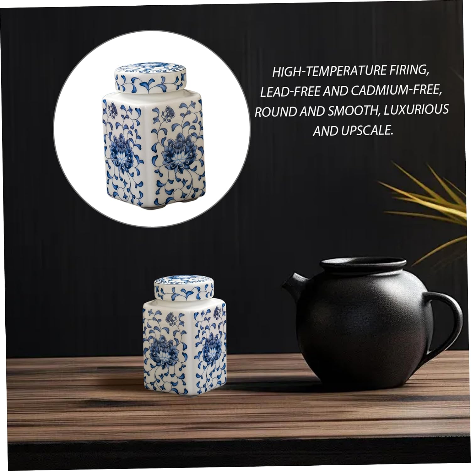 Blue and White Ginger Jars, 200ml Ceramic Ginger Jar with Leakproof Lid, Square Chinoiserie Vase for Home Decor, Flower Display and Tea Storage image 4