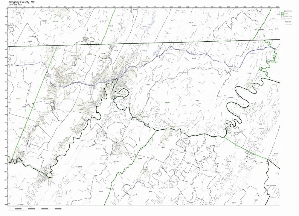 Allegany County, Maryland MD ZIP Code Map Not Laminated