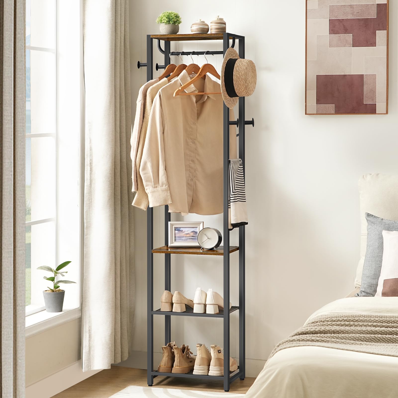 HOOBRO Perchero independiente con 3 estantes y 8 ganchos, perchero para dormitorio, 40 x 28 x 181 cm, para entrada, industrial, marrón rústico y negro EBF04YM01