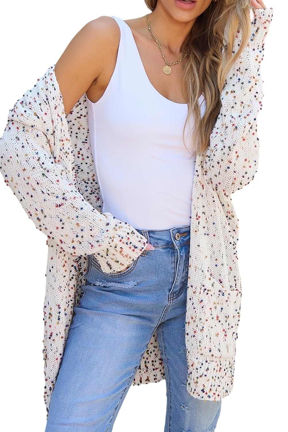 MARZXIN Womens Casual Sweater White Confetti Rib Knit Long Sleeve Cardigan