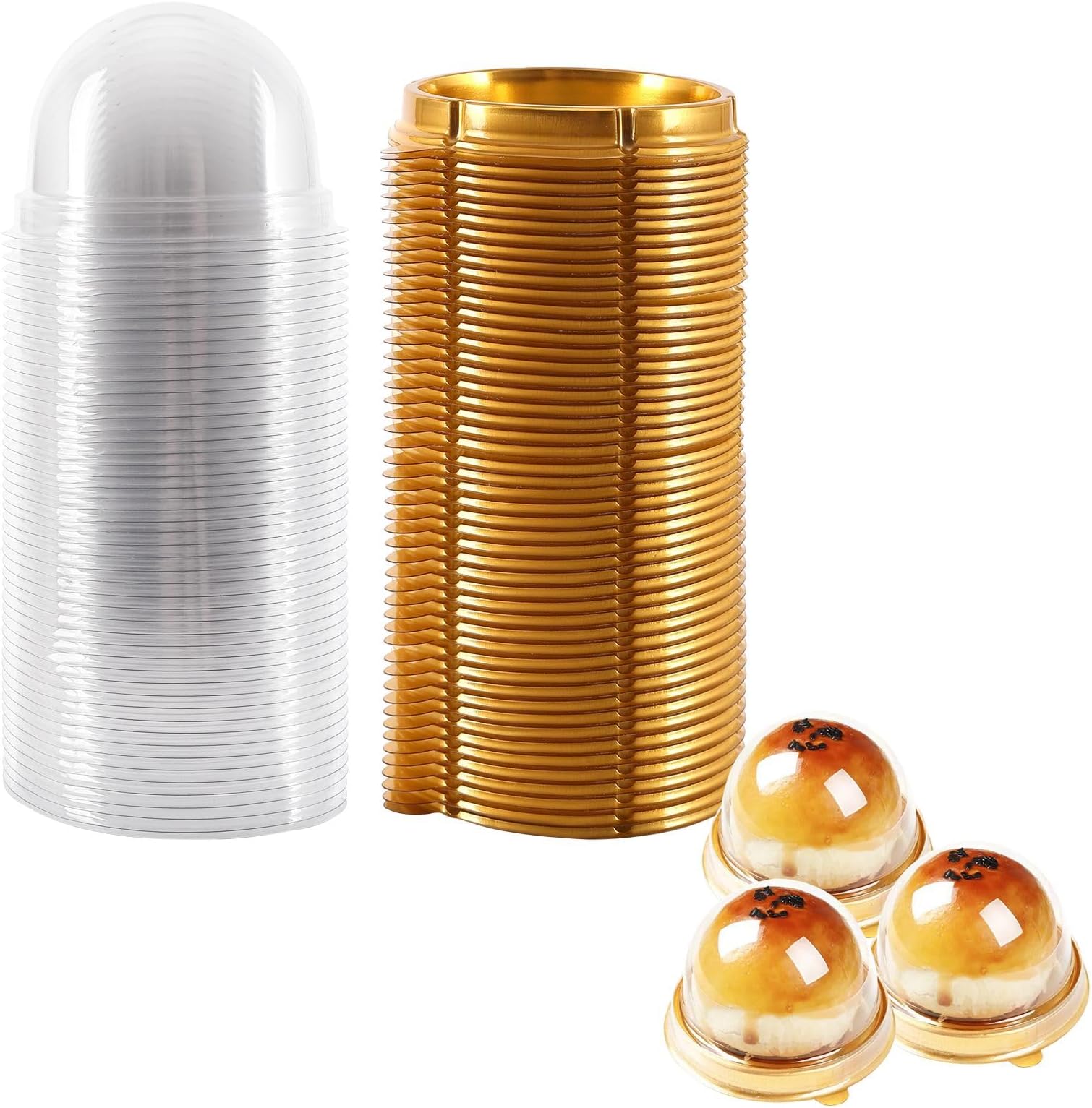 Hewnda 100 Pack 2 Inch of Clear plastic mini cake box muffins box cookies cookies muffins dome box wedding birthday gift box (gold)