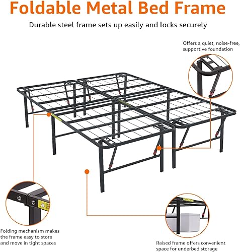 Miniatura 15 de Amazon Basics Base de cama con almacenamiento, plataforma de metal plegable, acero resistente, no necesita somier, 14 pulgadas de alto, instalación