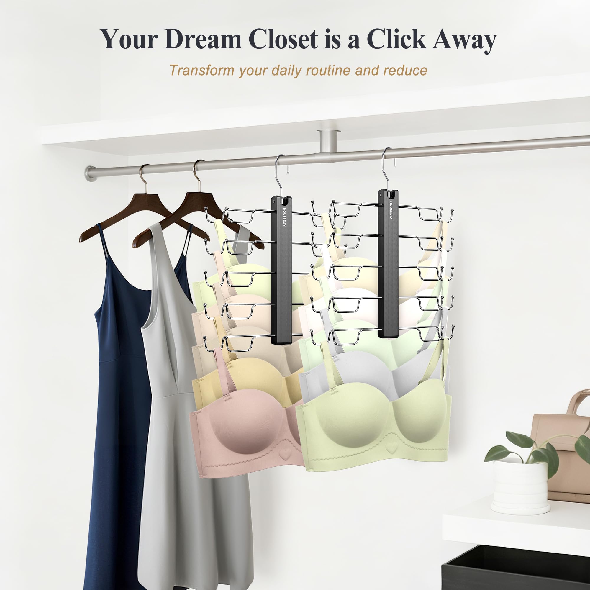 HOUSE DAY Tank-Top-Kleiderbügel, vierreihig, 5 Etagen, platzsparend, Premium-Lotusholz, rutschfeste Kleiderbügel mit 360° drehbaren Haken, Schrank-Organizer für Sport-BHs und Tanktops für BHs und Cami