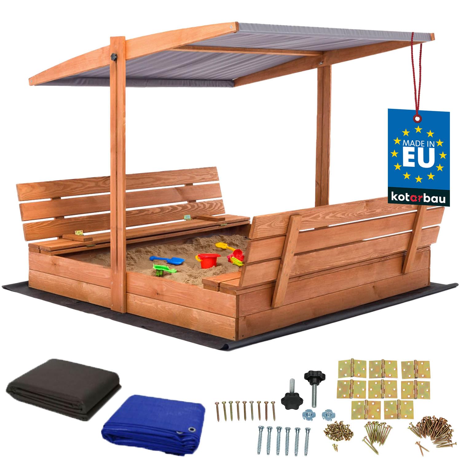 KOTARBAU® Arenero Infantil - Madera - 140 x 140 cm - Marrón - Arenero con Tapa - y Bancos - con Techo Gris - Protección Solar - Cajón de Arena - Zona de Arena Infantil
