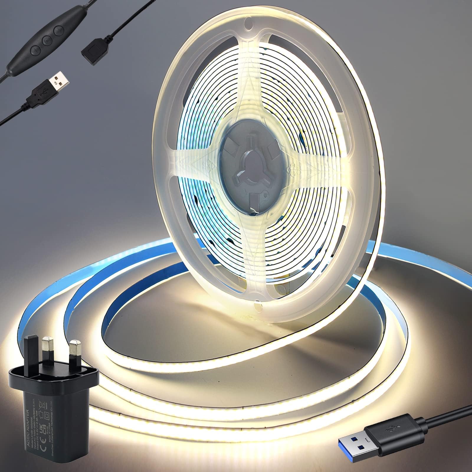 USB Power 3m 5V COB LED Strip Light Kit,Nature White 4000K,320LEDs/M ...