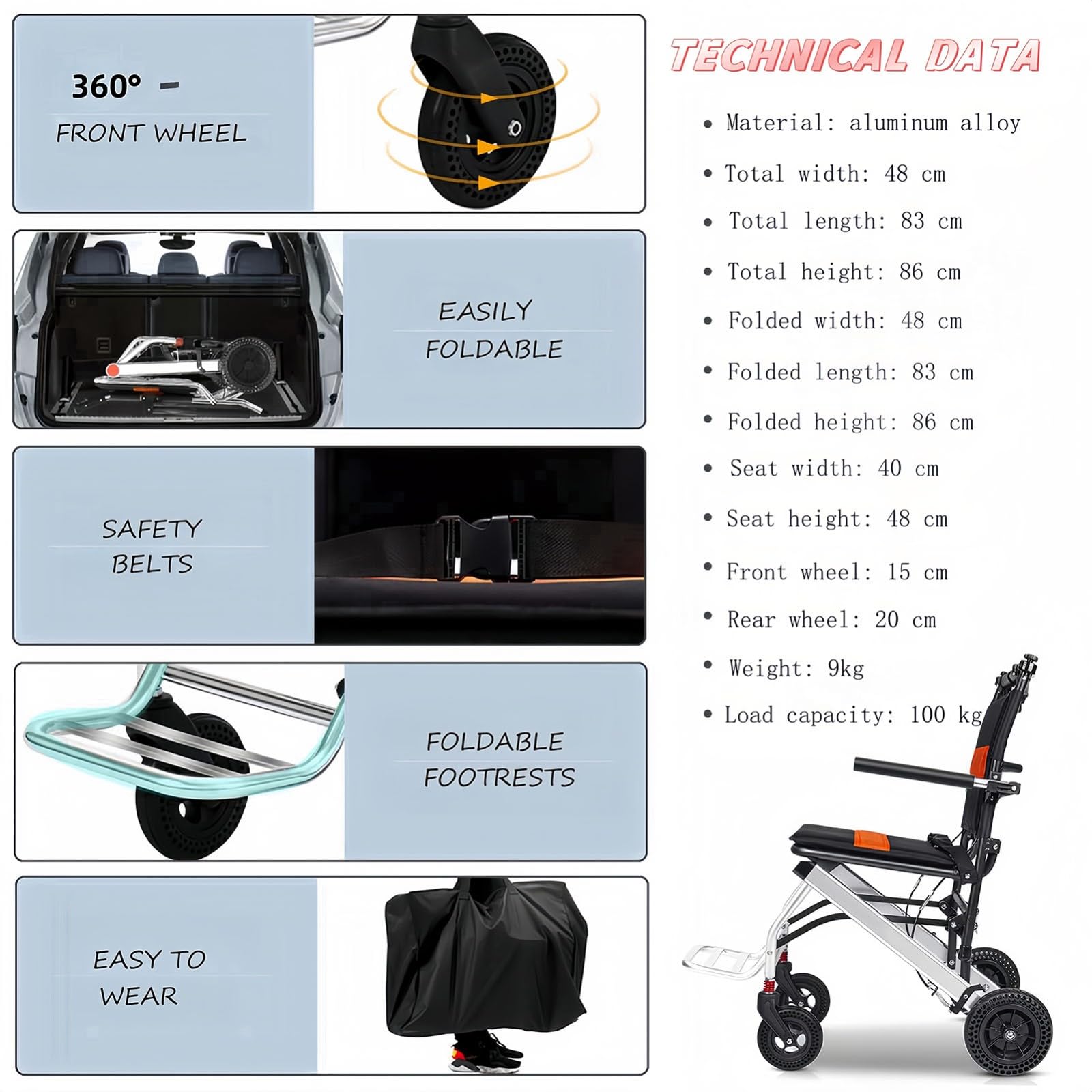 Silla Ruedas Pequeña Silla Ruedas Viaje Ligera y Plegable, Sillas de Ruedas Aluminio Sillas RuedasTransporte con Bolsas de Transporte para el hogar y Las Vacaciones A