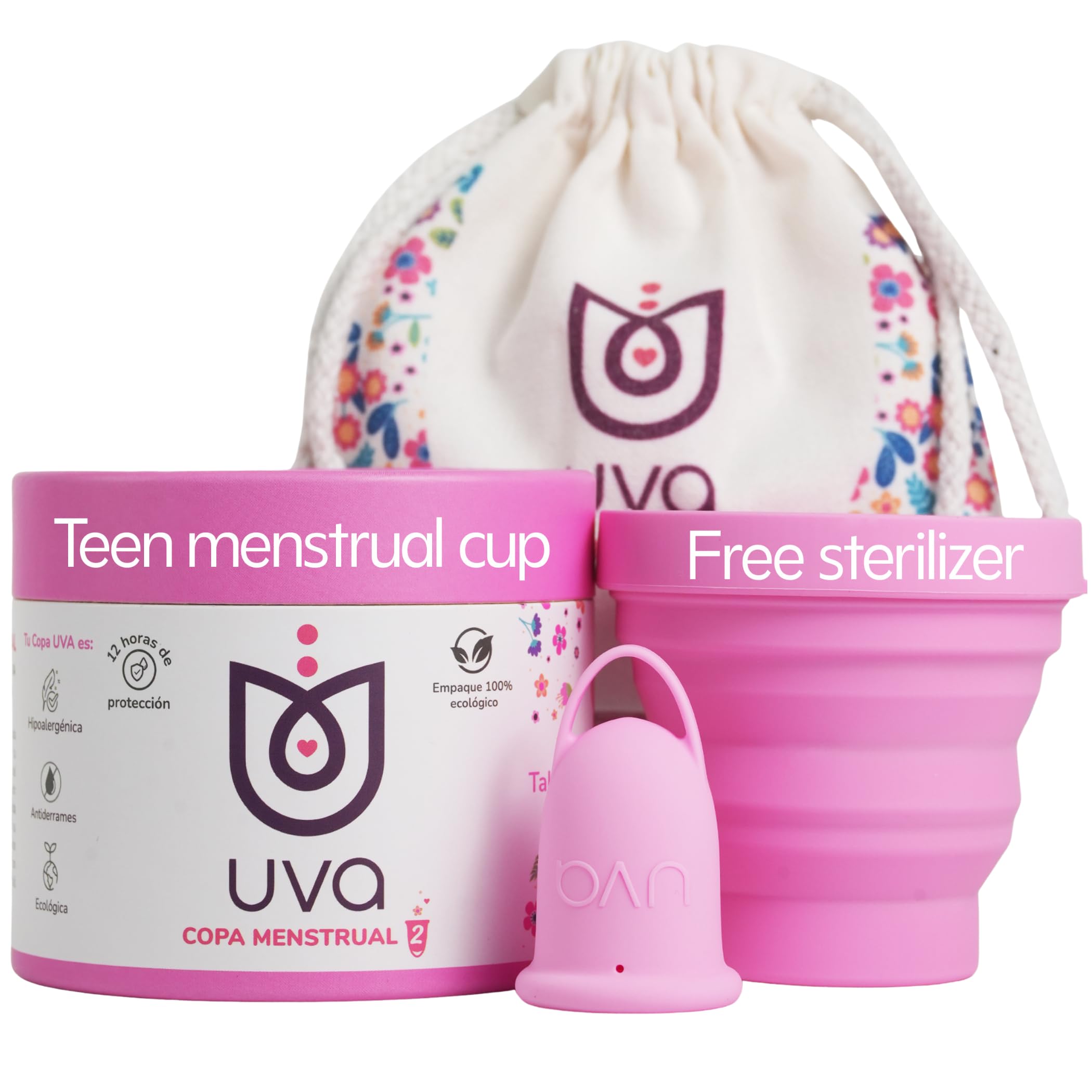 UVA Reusable Menstrual Cup for Teens Kit, Size 0 for Light Flow