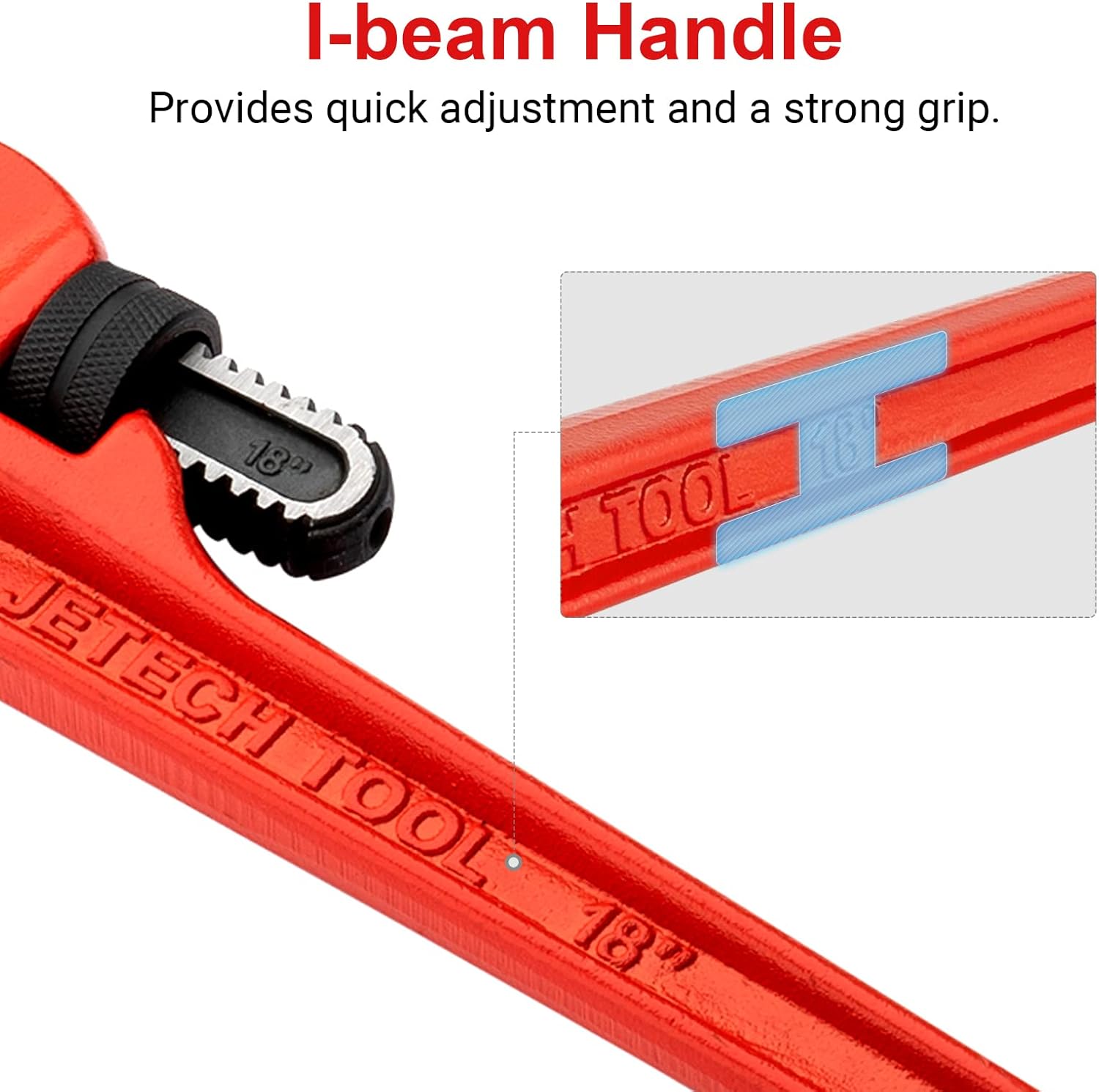 Jetech 18-inch Heavy Duty Straight Pipe Wrench, Adjustable Aluminum Plumber Wrench with Floating Hook Jaw and I-Beam Handle, Red