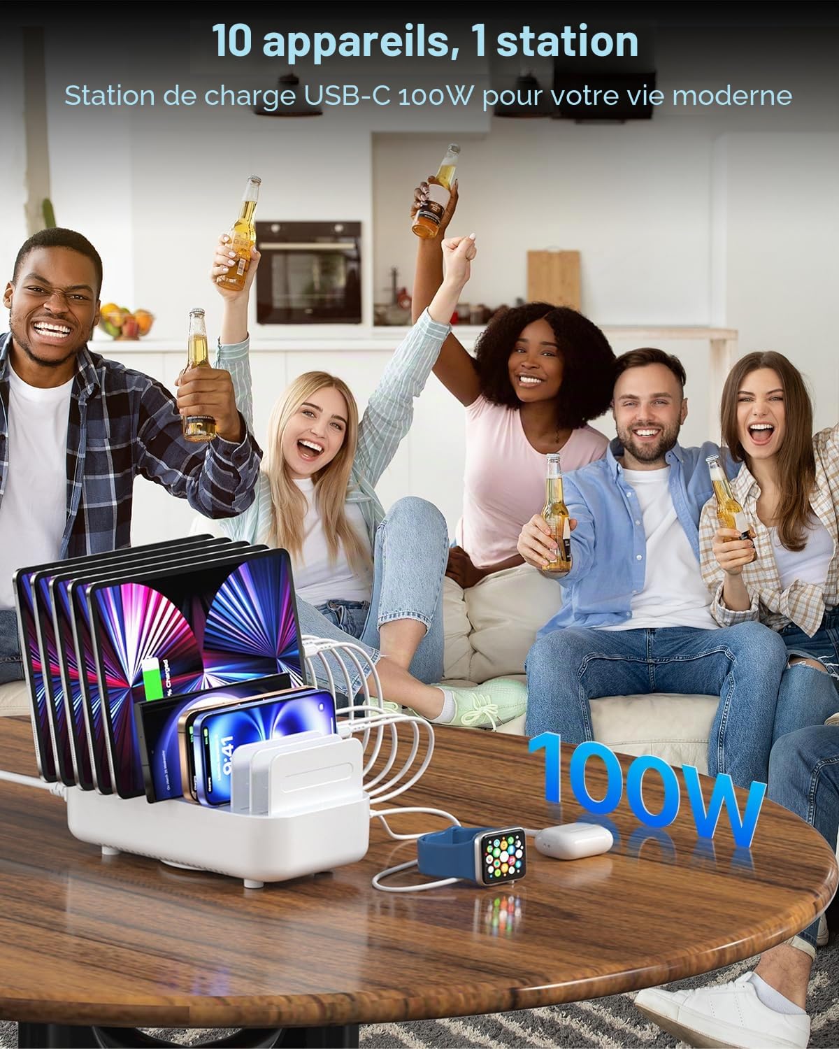 SooPii Station de Charge Rapide 100W 10 Ports USB-C PD, Blanc