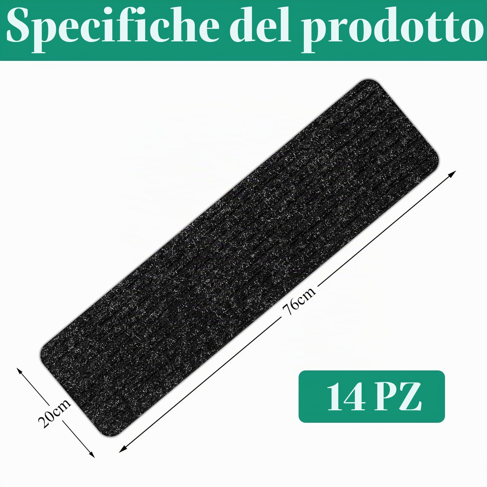 Tappetini per scale, 14 pezzi, antiscivolo, autoadesivi, 20 x 76 cm, protezioni per gradini, per bambini, anziani, animali domestici, per scale, colore nero