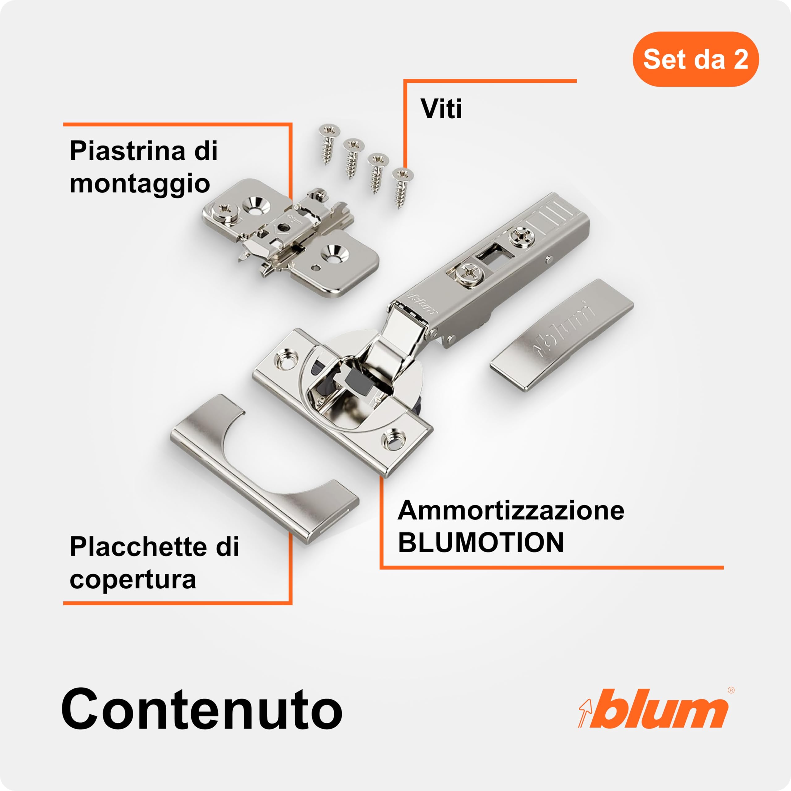 BLUM CLIP TOP BLUMOTION - 2 cerniere per mobili a 110°, dritte con molla, viti, arresto angolare + clip blu, piastra di montaggio a croce eccentrica, acciaio, viti, distanza 0 mm