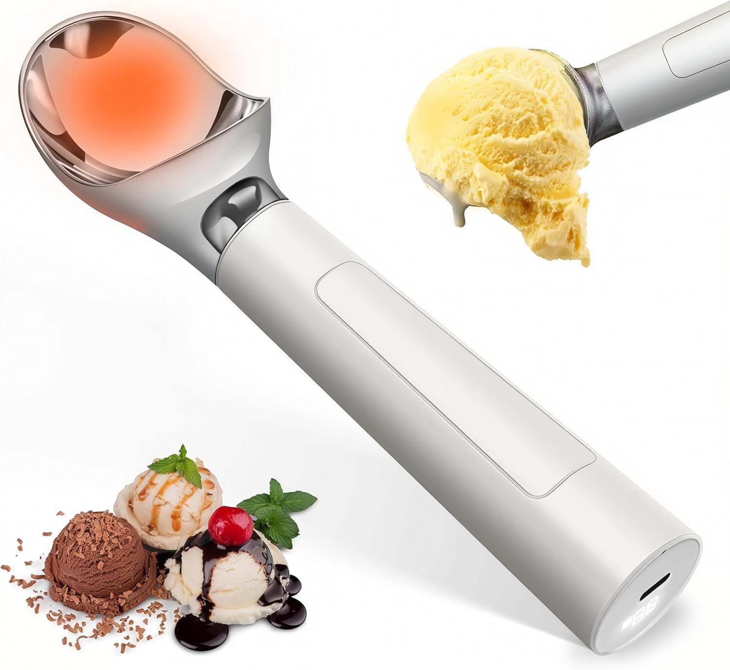 Heated Ice Cream Scoop Rechargeable, Waterproof Electric Ice Cream Scoop for Hard Ice Cream, Rechargeable with LED Display, Heats to 158°F for Dessert Shops, Homes Kitchen Gadgets