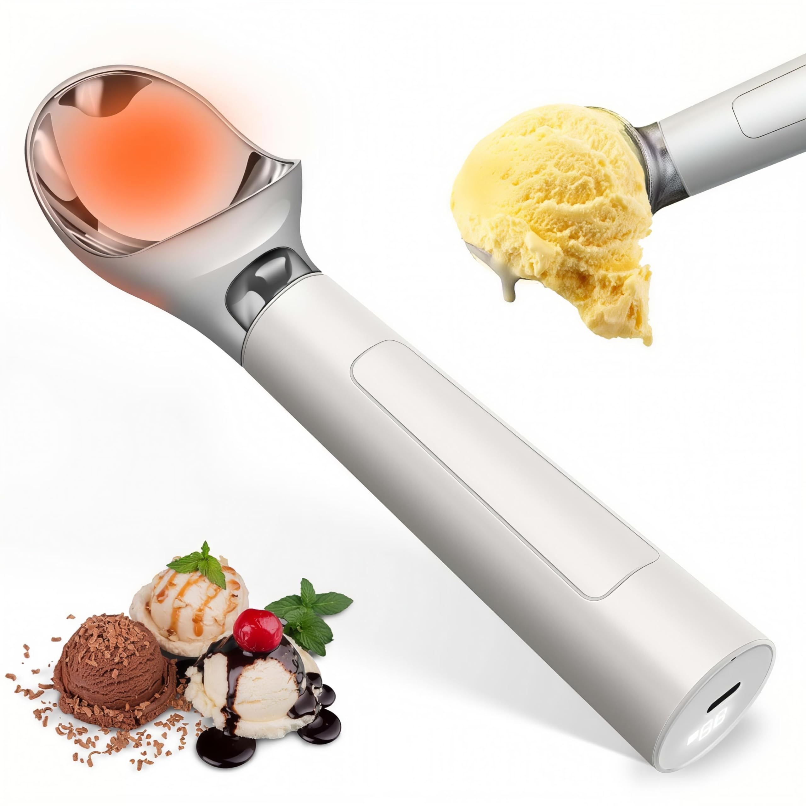 Heated Ice Cream Scoop Rechargeable, Waterproof Electric Ice Cream Scoop for Hard Ice Cream, Rechargeable with LED Display, Heats to 158°F for Dessert