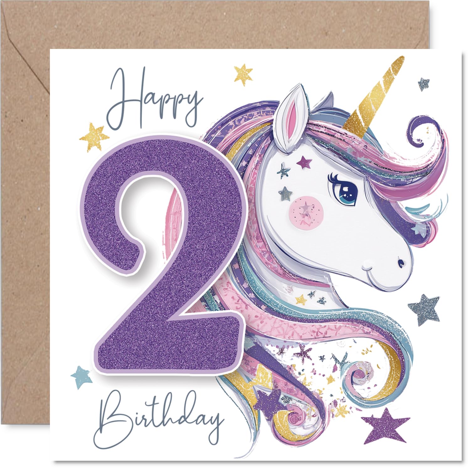 Playful 2nd Birthday Card - Magical Unicorn and Glittery Gold Number - Bursting with Stars and Bright Birthday Cheer - 145mm Square, Envelope Included