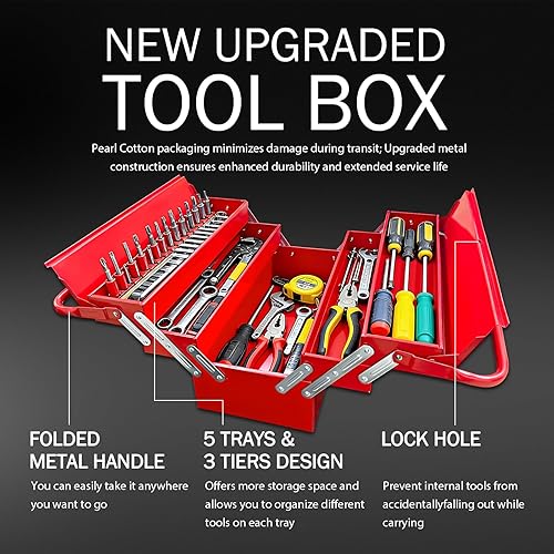 Miniatura 3 de Caja de herramientas voladiza de metal de 18 pulgadas, 3 capas y 5 bandejas, caja de herramientas plegable portátil, organizador de almacenamiento