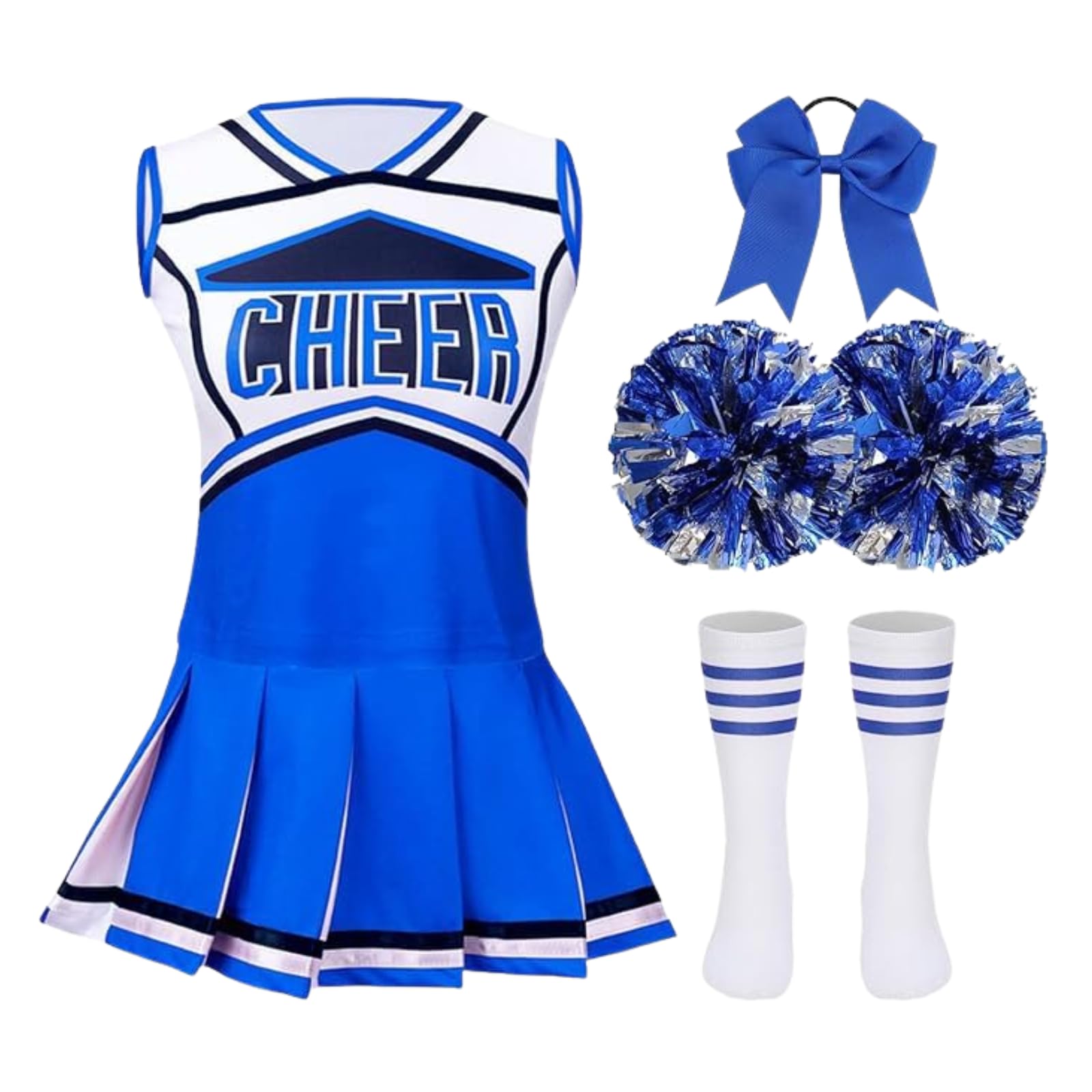 DELIVESS Cheerleader Costum for Girls Cheerleading Outfit Kids School Cheer Uniform 5 Pcs Set for Halloween Party Dress up 3-4 Years (110