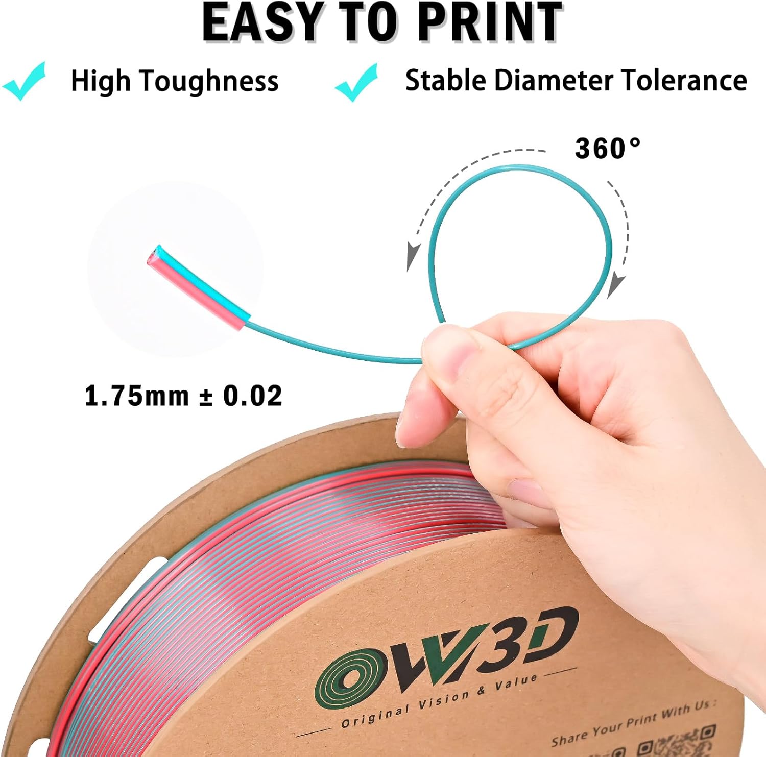 OVV3D PLA Filament 1.75mm, 3D Printer Filament Silk PLA Dual Color Filament, Sky Blue and Pink PLA Filament, Color Change Every Inch Filament 3D Printer Filament +/-0.02mm, 1kg/2.2lb