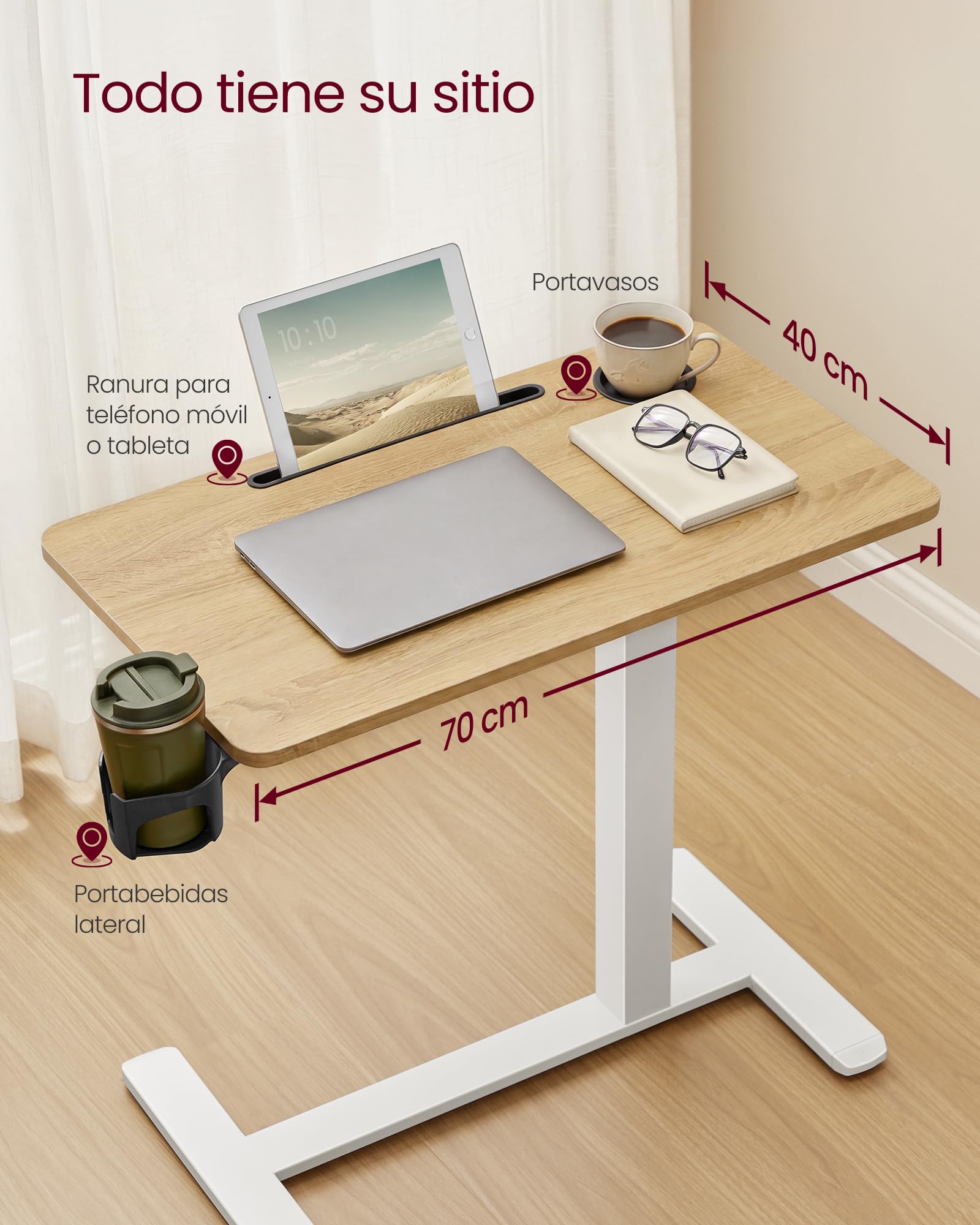 VASAGLE Escritorio con Ruedas, Mesa Auxiliar, Tablero de 70 x 40 cm, Altura Ajustable, 2 Portavasos, Ranura para Teléfono Móvil o Tableta, Roble Dorado y Blanco Mate LSD600YA01