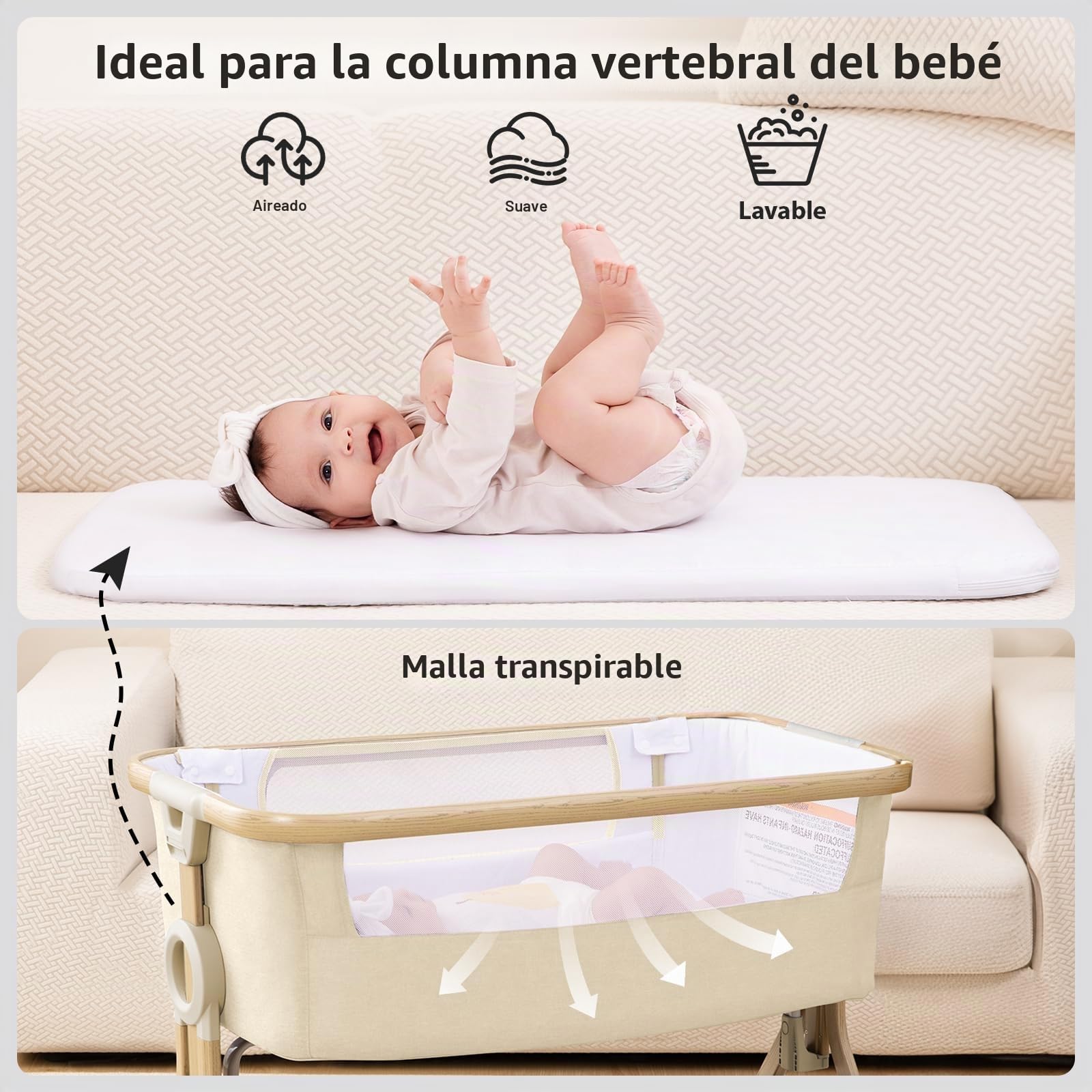 Larex Cuna Colecho para Bebé bassinet para recién nacido y bebé con mosquitera, bolsa y cesta de almacenamiento, 5 alturas ajustables,4 Ruedas con Freno, colchón transpirable y paredes de malla(Caqui)