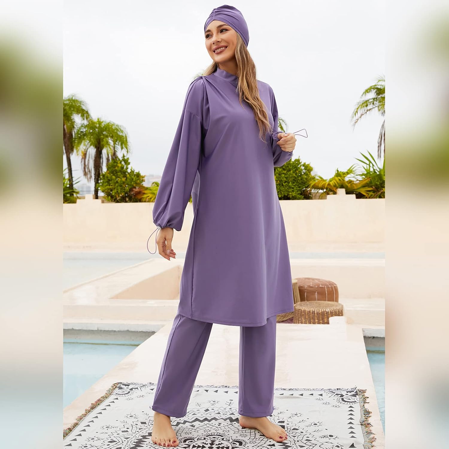 Women Muslim Swimwear Islamic Modest Swimsuit 3 Pieces Full Cover Hijab Long Sleeve Burkini Top Dress + Pants