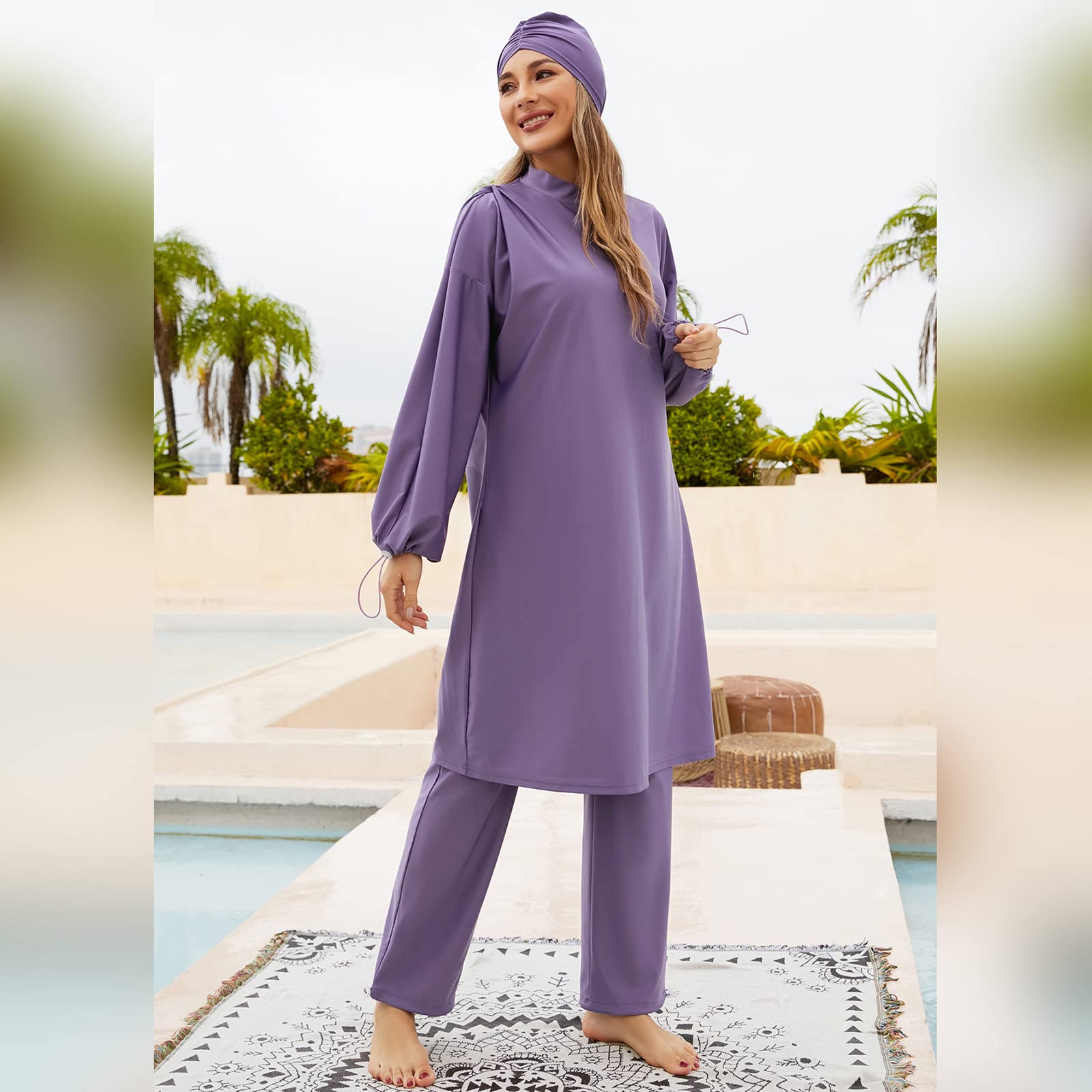 Odizli Burkini - Costume da bagno da donna musulmana a maniche lunghe + costume da bagno + cuffia da bagno, 3 pezzi