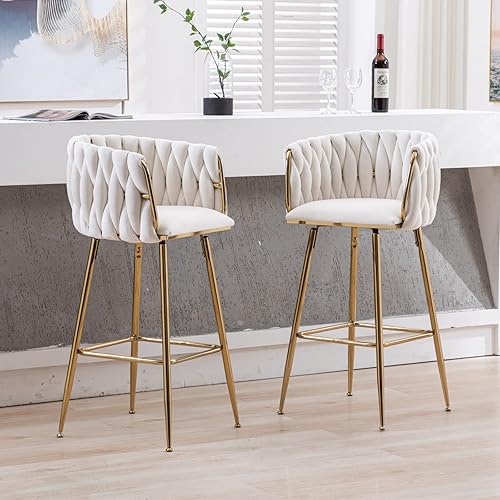 Miniatura 3 de HEAH-YO Juego de 2 taburetes de bar giratorios de 26 pulgadas de altura de mostrador con respaldo tejido de barril y patas de metal dorado,