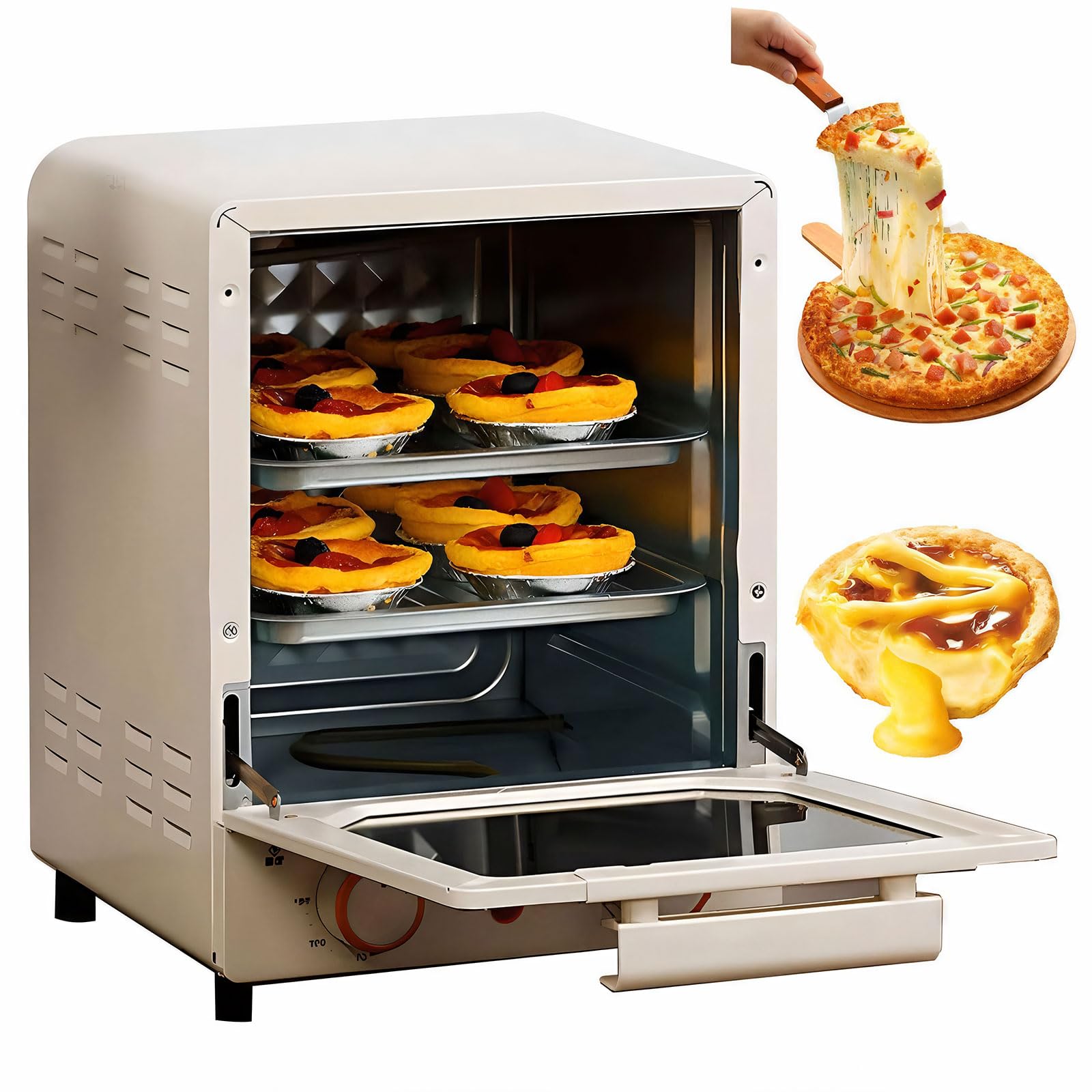 Forno verticale multistrato con riscaldamento al quarzo e isolamento in vetro a specchio, sistema a 3 ripiani, temperatura e timer regolabili, compatto per cucine di piccole dimensioni