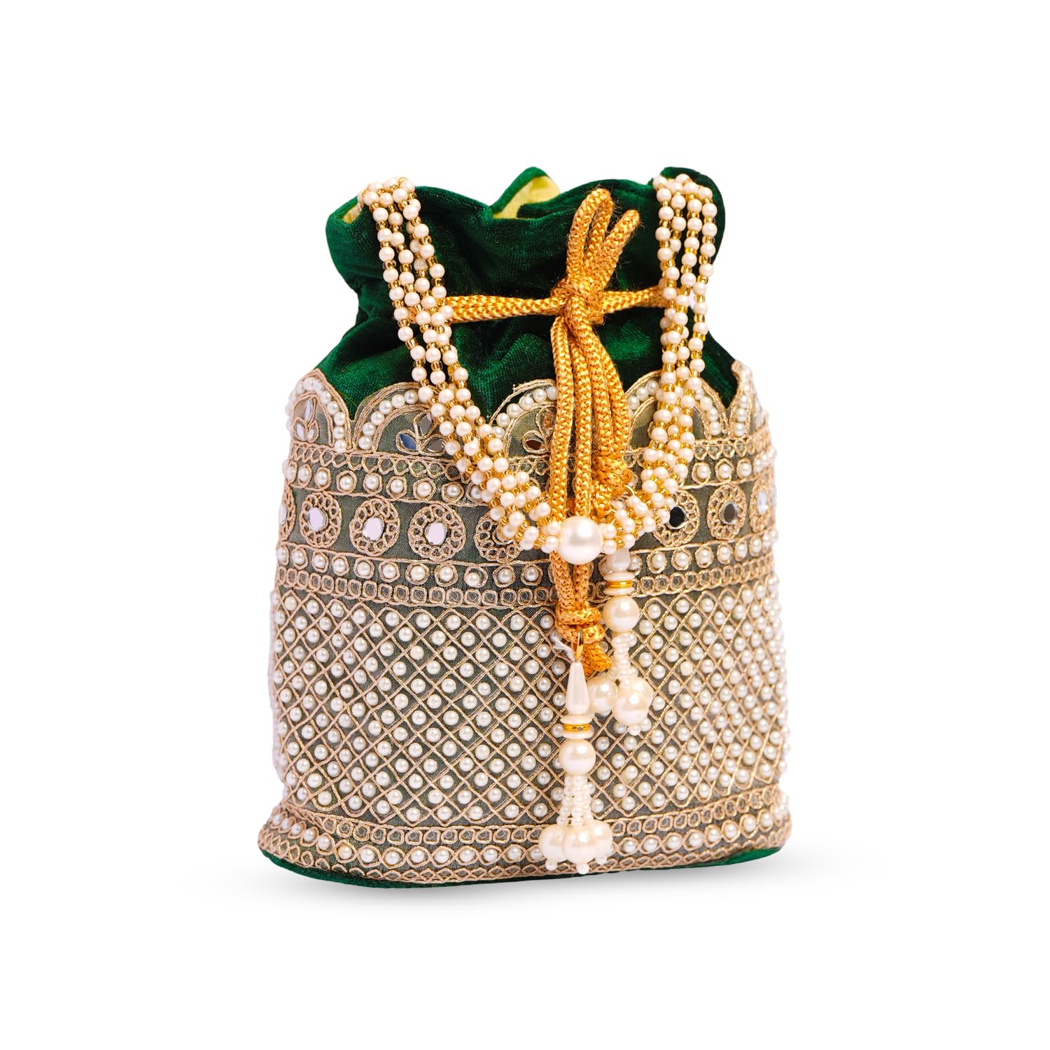 Deep Green Velvet Pearl Embellished Drawstring Potli Bag Ethnic Bridal Wedding Handbag for Women & Girls-image-43