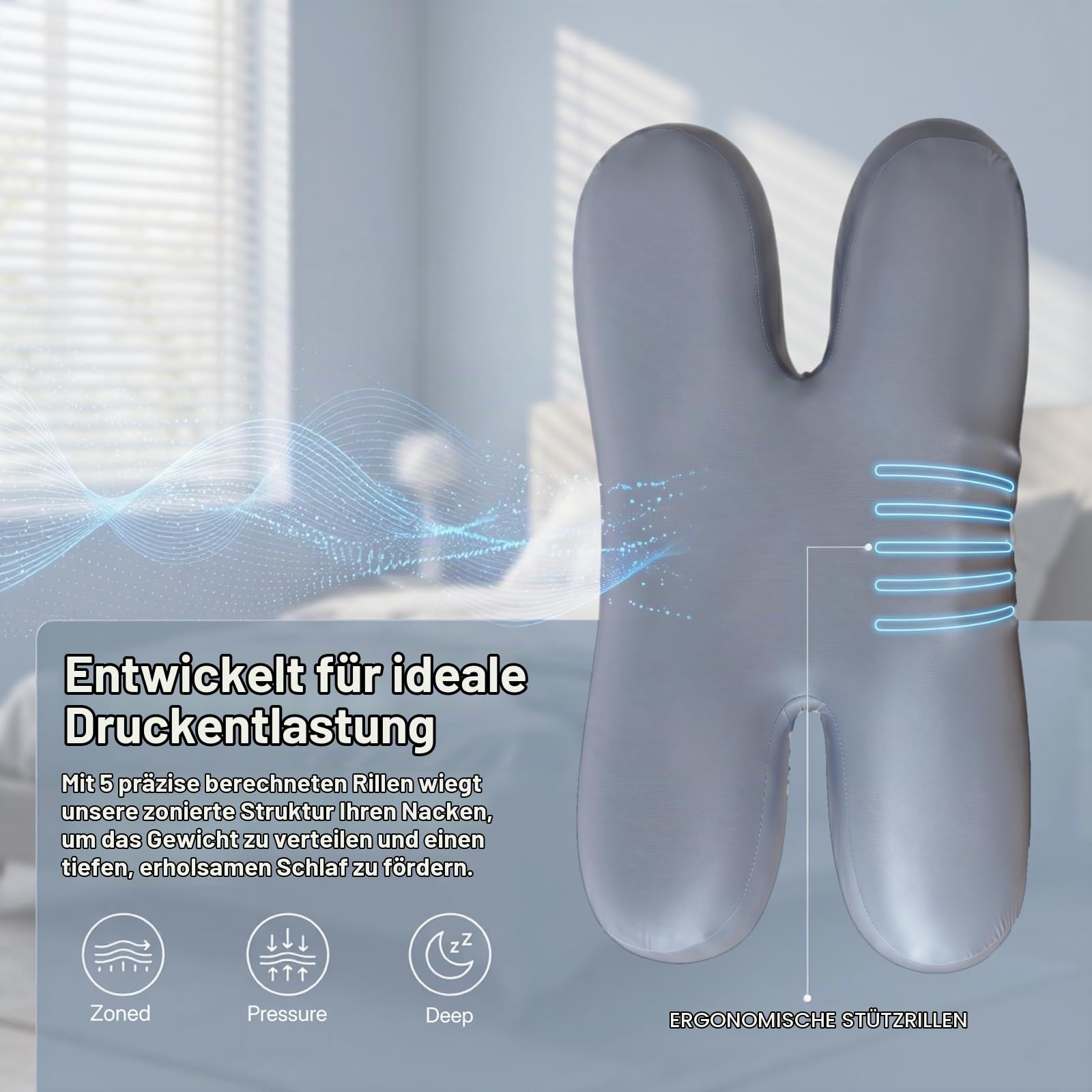 Schönheitskissen Anti-Falten Kissen aus Eisseide, Memory Foam Nackenstützkissen gegen Gesichtsfalten, Hautfreundlich & Kühlend, Ergonomisches Beauty Pillow für Seitenschläfer 55x40x10 cm Blau