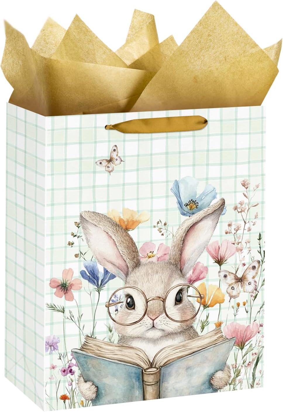 LeZakaa 13" Easter Gift Bag with Tissue Paper, Cute Bunny Reading Book Floral Design, Medium Spring Gift Bag for Kids, Teachers, Friends, Holiday Gift Giving, 13" x 10" x 5", 1 Pcs