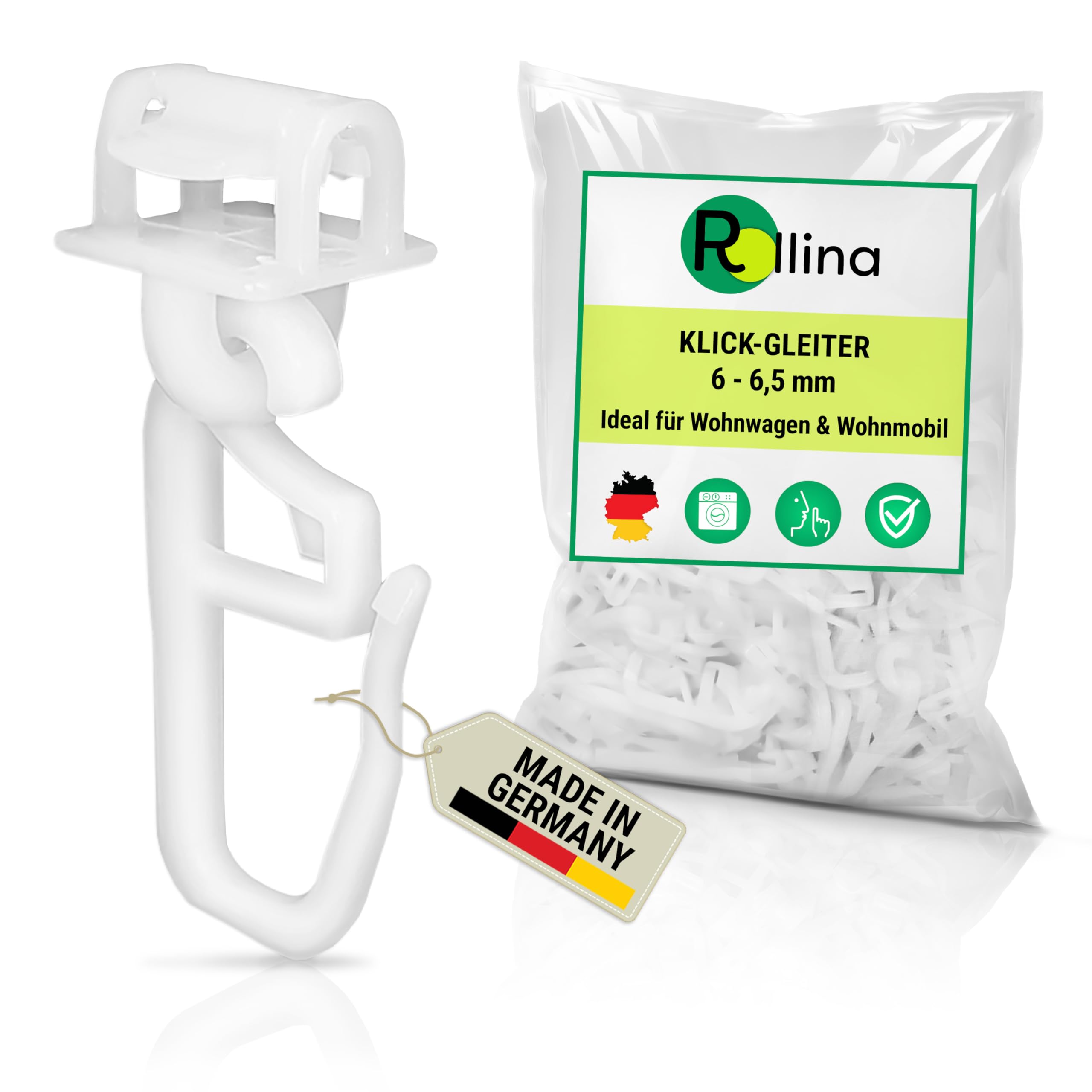 Rollina Klick-GSlider Ganchos de cortina para riel de cortina con recorrido interior de 6-6,5 mm, ganchos de cortina también para caravanas, autocaravanas, camiones (50 unidades), color blanco