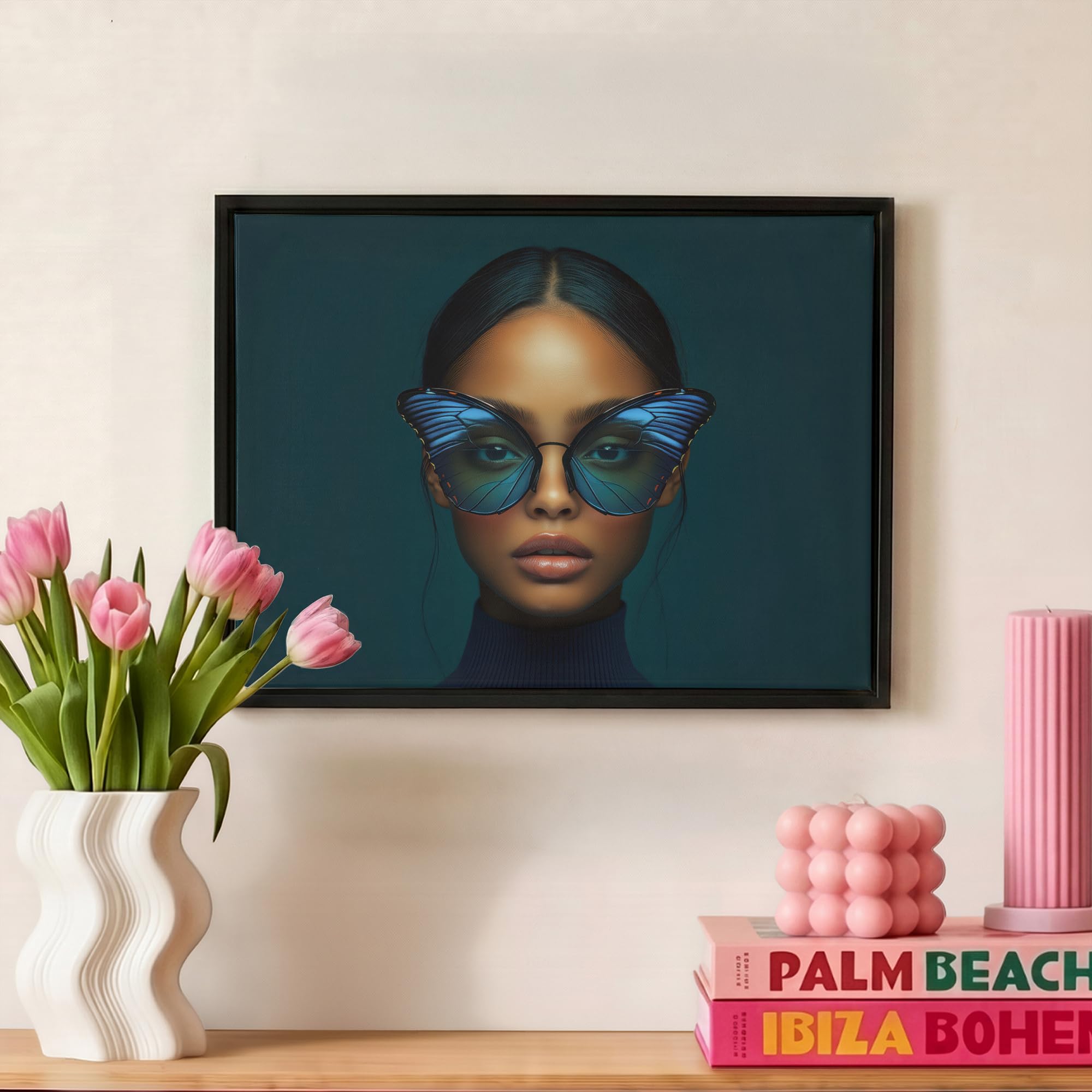 OnlyWow© Cuadros Decoracion Salon Modernos 40x30 cm Lienzo Con Marco Para Dormitorios Cuadro Decorativos De Lienzos Decorativo Pared Mujer - Mariposa - Gafas - Azul - Moderno - Retrato