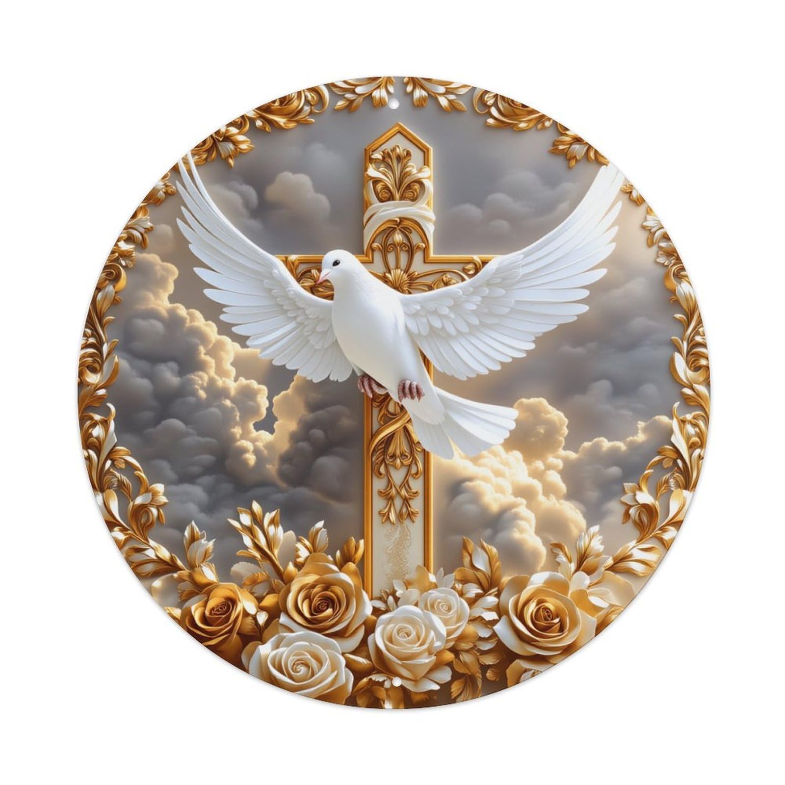 Golden Cross Dove Clouds Roses Round Tin Sign Vintage Metal Poster, Home Bar Garage Man Cave Cafe Indoor & Outdoor Wall Decoration 8x8Inches
