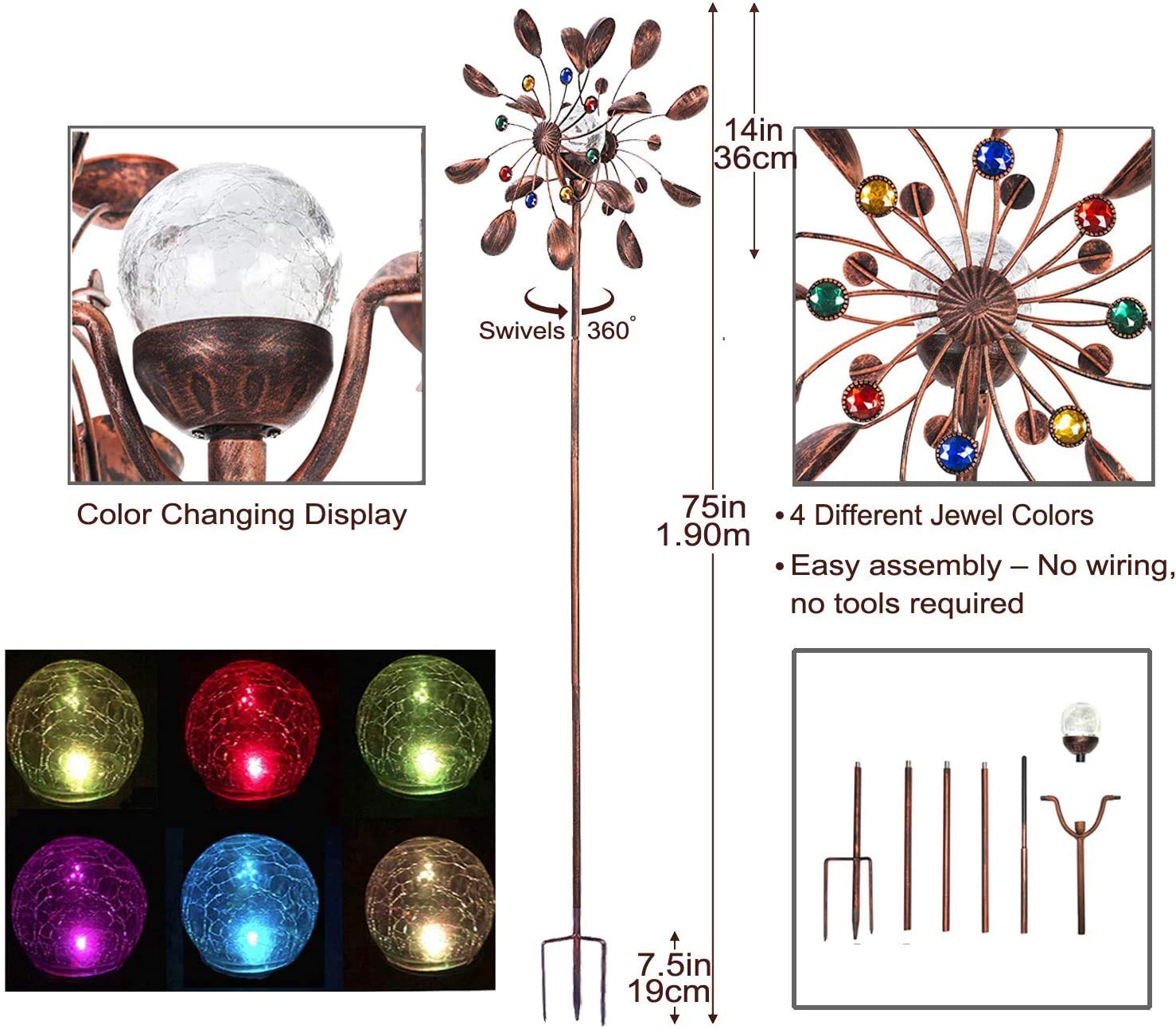 HDNICEZM Solar Wind Spinner Multi-Color LED Lighting by Solar Powered Glass Ball with Kinetic Wind Aculptures Dual Direction Decorative Lawn Ornament Wind Mill.