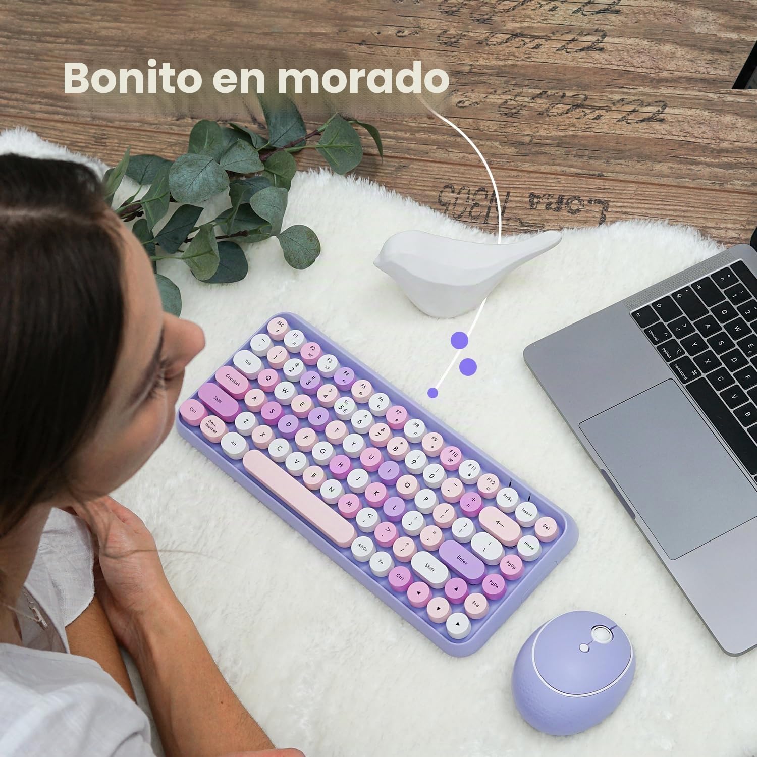 Perixx PERIDUO-713 - Juego de miniteclado y ratón inalámbrico (2,4 GHz, Teclas de Estilo Retro, Redondeadas, Violeta, AZERTY