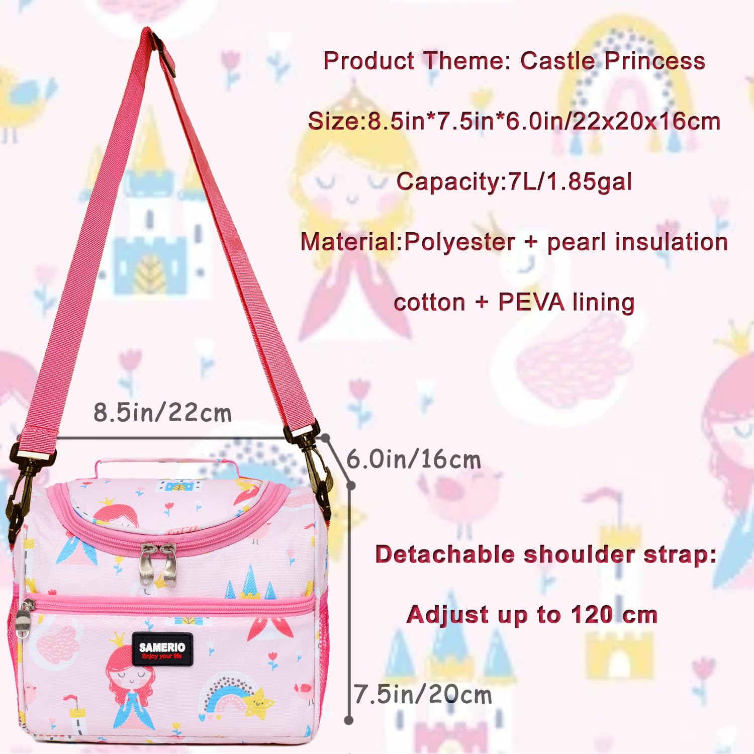 SAMERIO Lunch Bag for Girls Cooler Lunch Box for Children Student Kids Boys Small Insulated Bento Bags for School Picnic with Detachable Strap Two Side Mesh Bottle Holder - Image 4