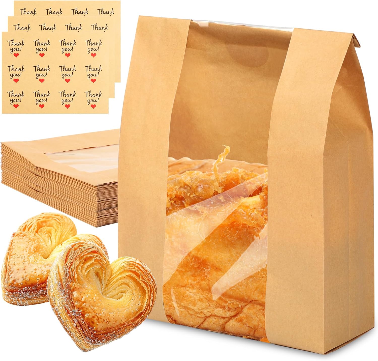 30 Pcs Bread Bags for Homemade Bread, 13.7 x 8.3 x 3.5 Inch Large Sourdough Kraft Paper Bakery Bags with Clear Window, Includes 30 Sealing Stickers for Storing Loaves & Snacks