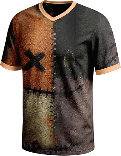 Halloween Men Shirt Fun V-Neck Patchwork 3D Short Sleeve Pumpkin Face Casual Blo