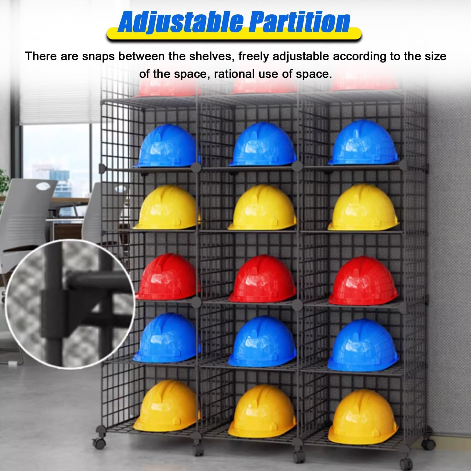 Grand support de rangement réglable à 32 compartiments pour casque de sécurité, boîtes de rangement empilables avec roues pour chantiers de construction, atelier, magasin de vente au détail