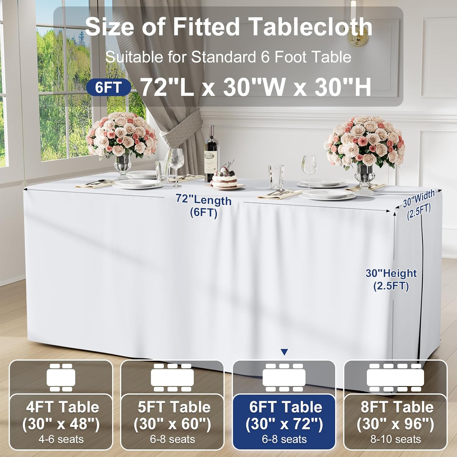 homing 2 Packs Rectangle Fitted Tablecloth, 6 Foot Washable Fabric Table Cloth, Waterproof Polyester Table Cover for Party, Trade Show, Outdoor and Indoor (White, 30" x 72") - Image 6
