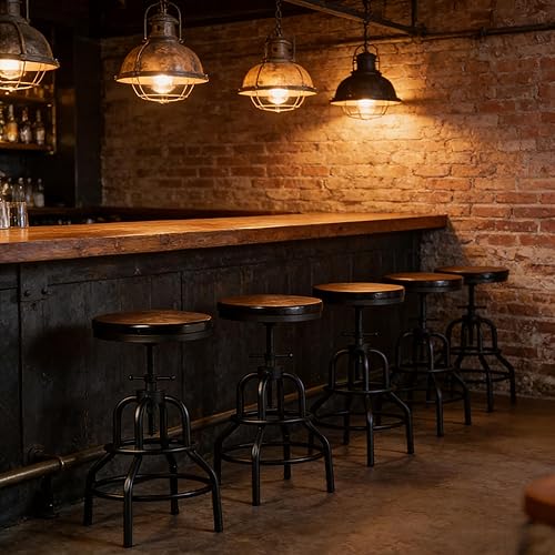 Miniatura 7 de LOKKHAN Vintage Industrial Bar Stool - Rustic Swivel - Round Wood Metal - Kitchen Counter Height Adjustable - Pipe Stool - Cast Steel - 20-27 Inch