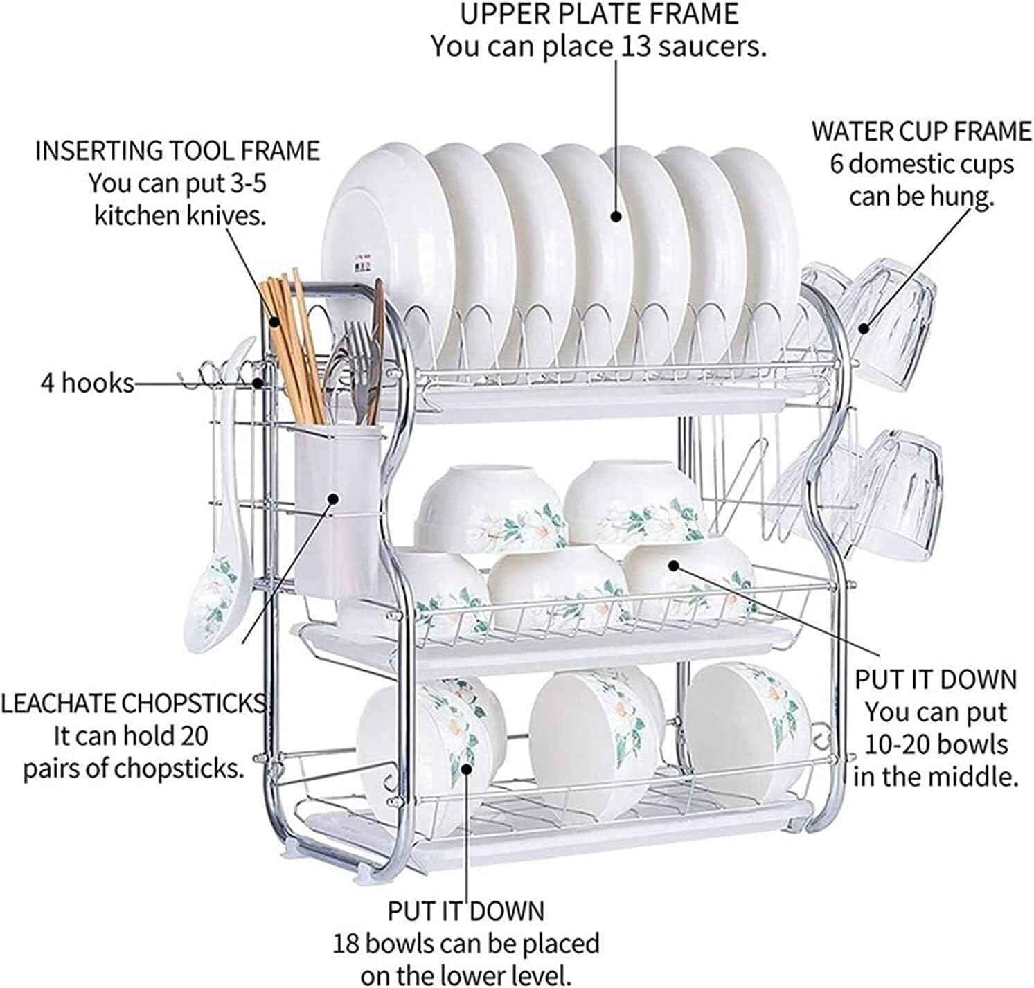 3-Tier Dish Rack with Removable Tray, Chrome-Plated Iron Plate Cup Drainer, Kitchen Cutlery Holder for Drying Dishes