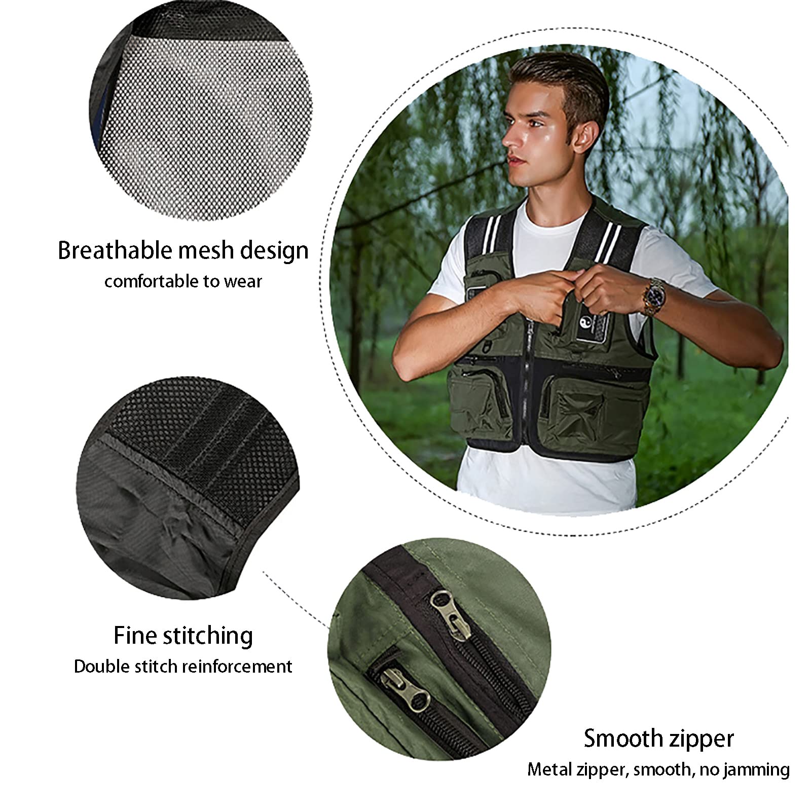 Fishing Vest Multi-Tasca with Mesh Back Gilet da Pesca a Mosca Strisce Riflettenti Outdoor Fotografi Vest per la Fotografia di Pesca in Campeggio Escursionismo