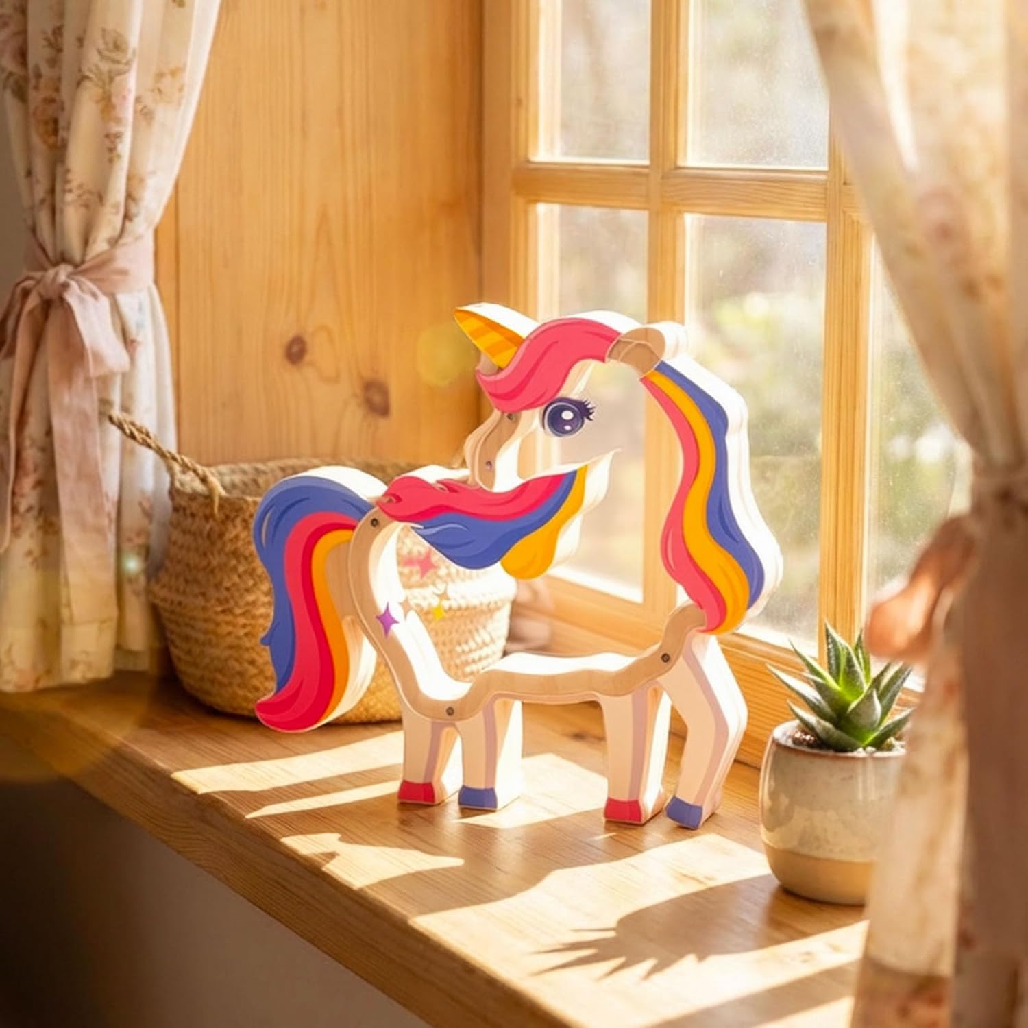 Wooden Unicorn Piggy Bank for Kids, Unbreakable Unicorn Girls Coin Bank with Letter Sticker, Large Cashbox Money Jar Personalizable Birthday Gifts, Educational Toys for Girls, Toddlers, Boys
