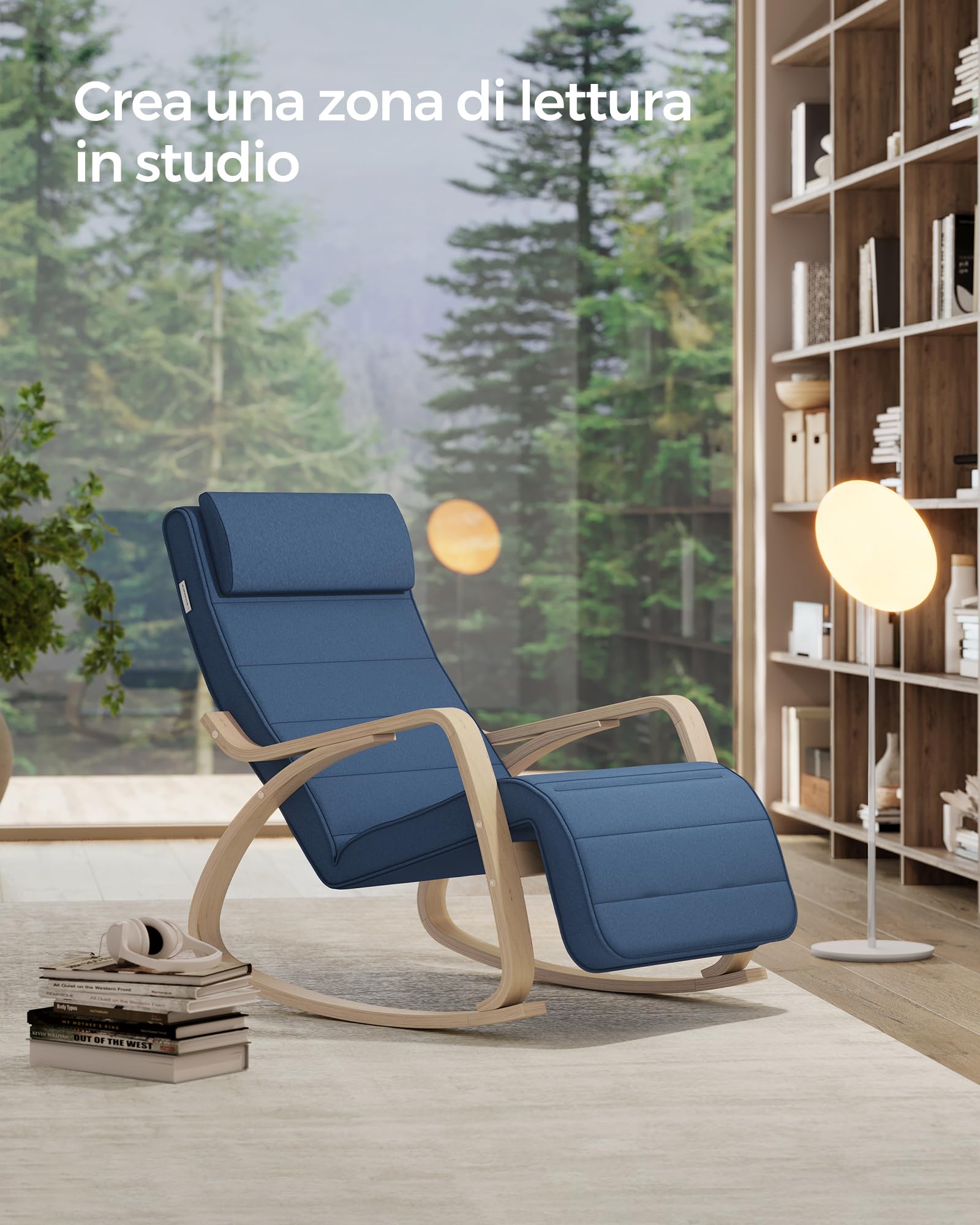 SONGMICS Sedia a Dondolo, Poltrona a Dondolo con Braccioli in Betulla, Poggiapiedi Regolabile a 5 Altezze, Portata 150 kg, per Soggiorno Camera da Letto, Blu Notte e Naturale LYY010Q01