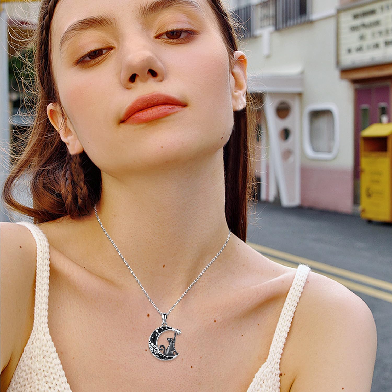 Collana Gatto Donna Argento 925 con Pietra di Luna, Ciondolo Gatto Luna, Gioielli di Animali per Donne Ragazze Amanti dei Gatti