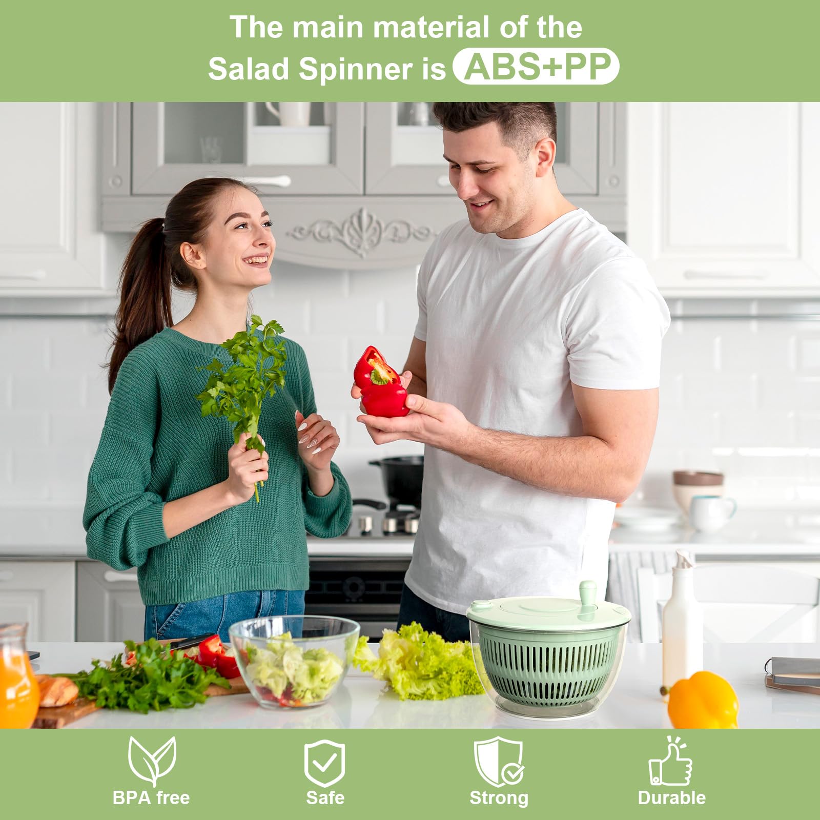 VINATO Centrifugadora Lechuga 4,5L, Mandolina de Cocina Multiusos, Escurridor Verduras para Lavar, Centrifugar y Cortar. Ensaladera con 5 Cuchillas + 1 Accesorio para Zumos.